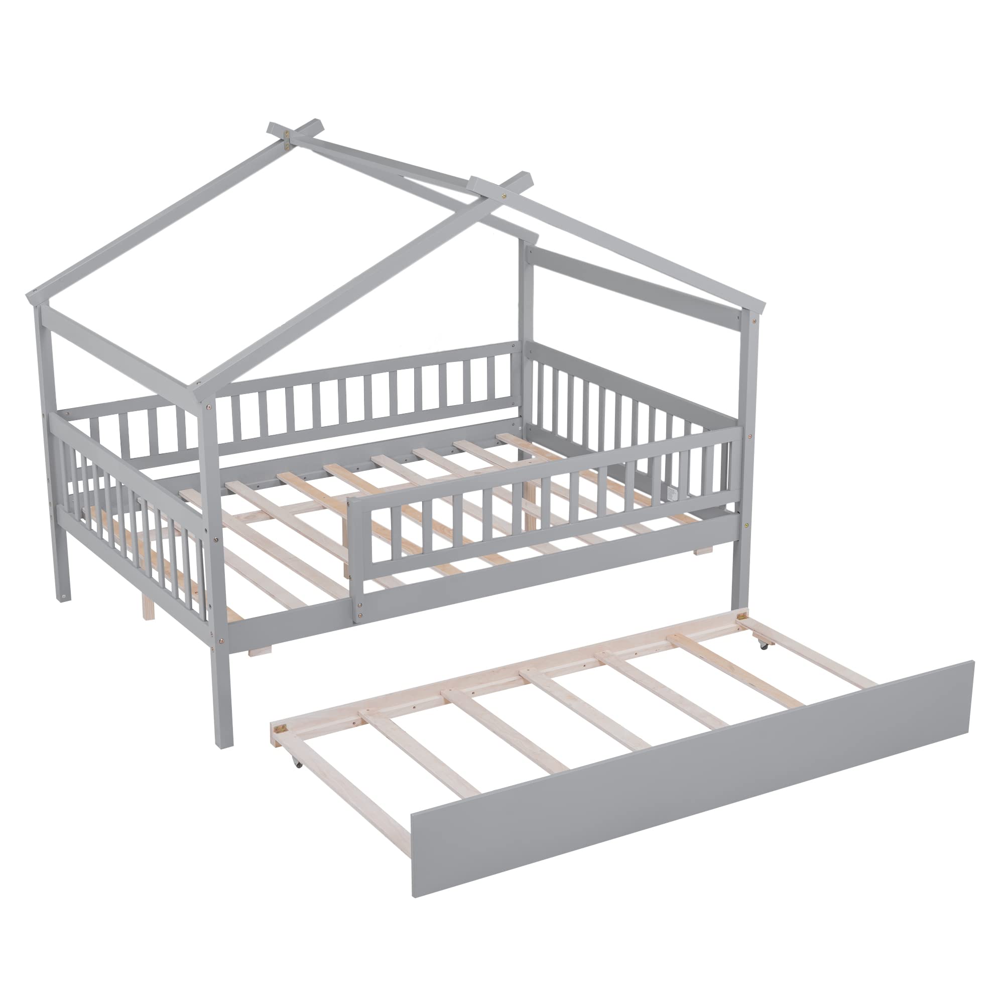 Merax Twin Size Wooden House Bed with Two Drawers, Wood Bed Frame with Roof for Kids, Teens, Boys or Girls, Grey