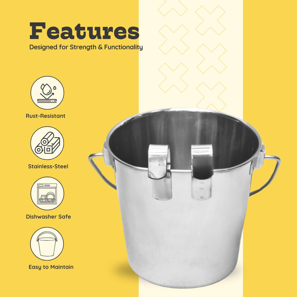 1 quart Stainless Steel Flat Sided Bucket with Dual Hooks | 0.25 gal Durable Food & Water Bowl for Dog Cat Bird & Small Animals | Fits kennel Cage Critter Crate | Hanging Utility Pet Pail