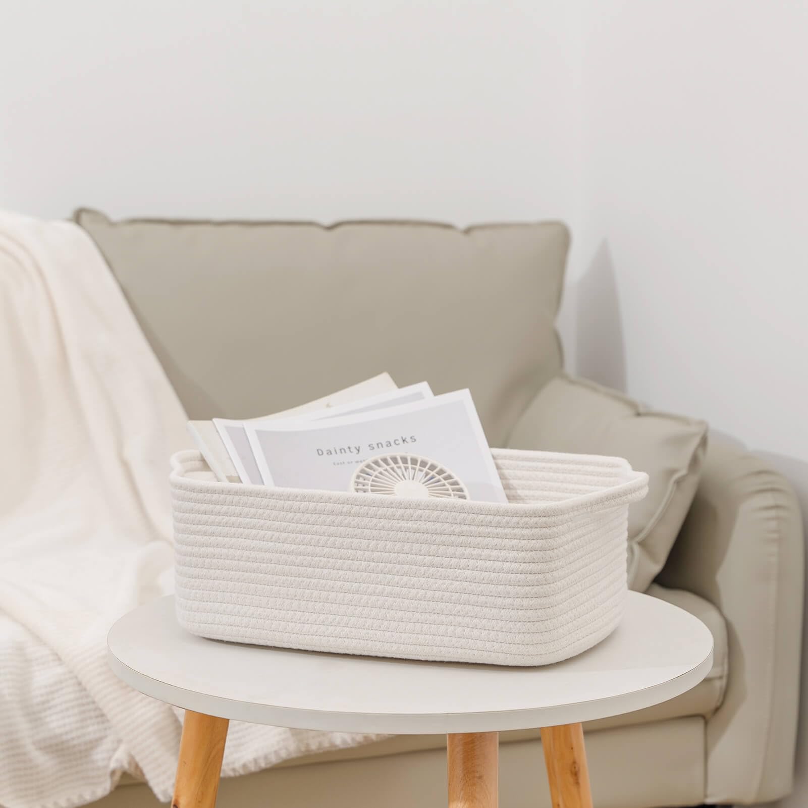 CubesLand Rectangular Cotton Rope Basket, 14x10x5 Inches, Beige, Nursery Storage Bin