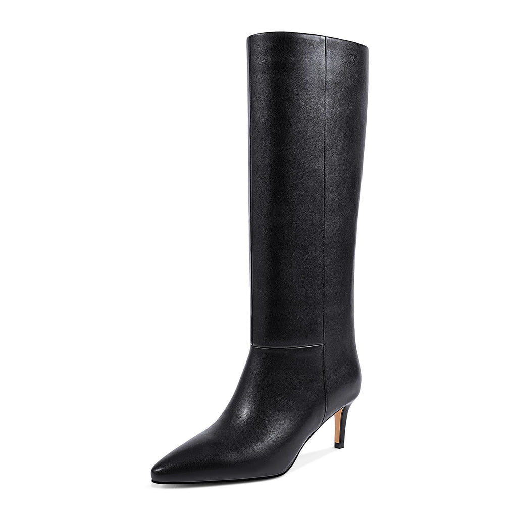 wetkiss Knee High Boots for Women - Pointed Toe Kitten Heel & Crocodile, Side Full Zipper for Easy Wear, All-Day Comfort Boots for Work, Party and Daily Chic Style
