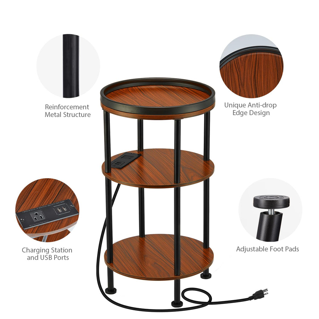 Small Round Side Table with Charging Station for Small Spaces, 3-Tier Accent Table with USB Ports & Power Outlets, Sofa Corner Tea Table for Living Room Nightstand Bedroom Apartment (Black)