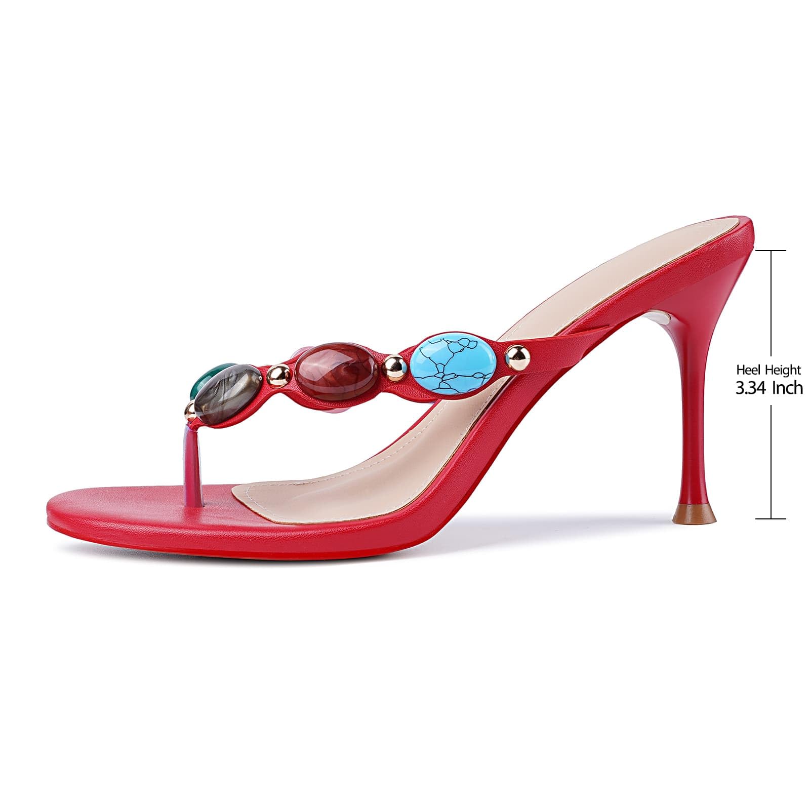 DREAMSTORY Women's Jeweled Thong Strappy Heels Sandals Comfortable Round toe High Heel Dressy Summer Sandals for Wedding Party Beach Flip Flops Slip On Casual Shoes Wear