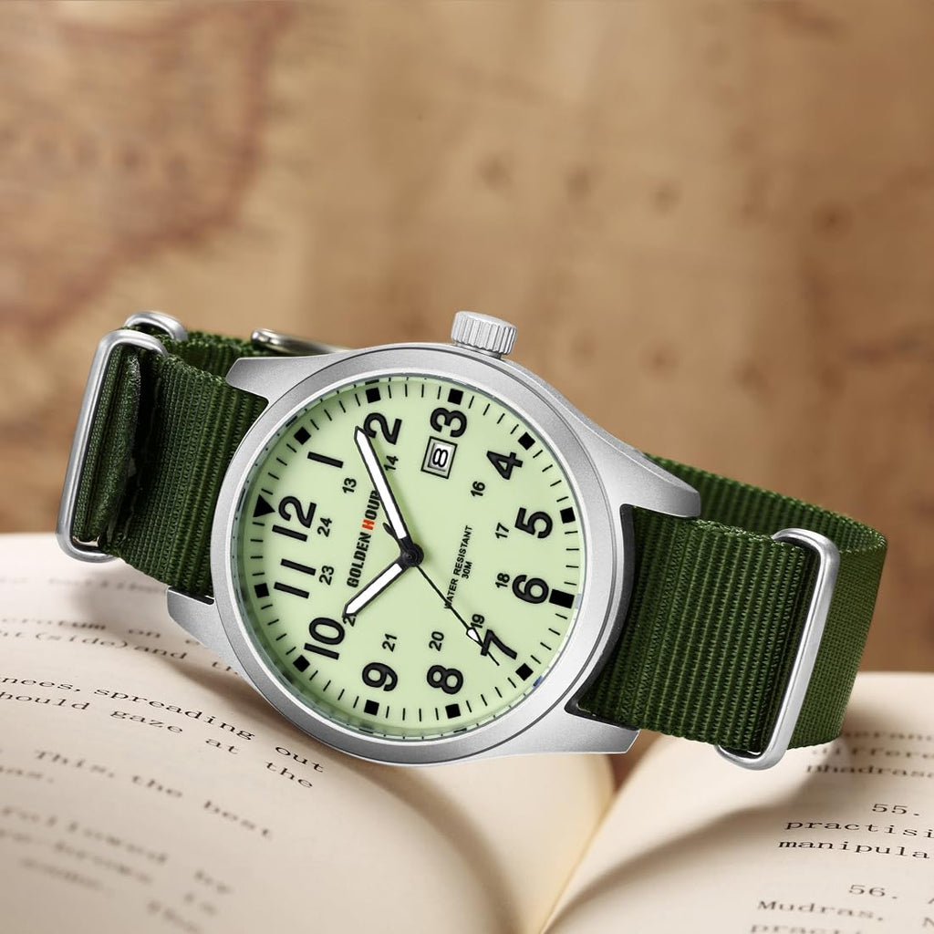 GOLDEN HOUR Men's Nylon Slip-Thru Strap Watch with Military Time Easy Read Dial Glowing Hands