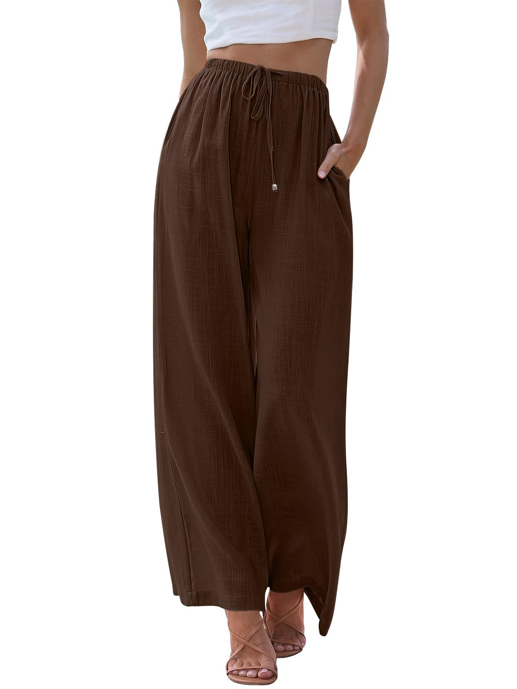 LILLUSORY Women's Linen Summer Palazzo Pants Flowy Wide Leg Beach Pants with Pockets