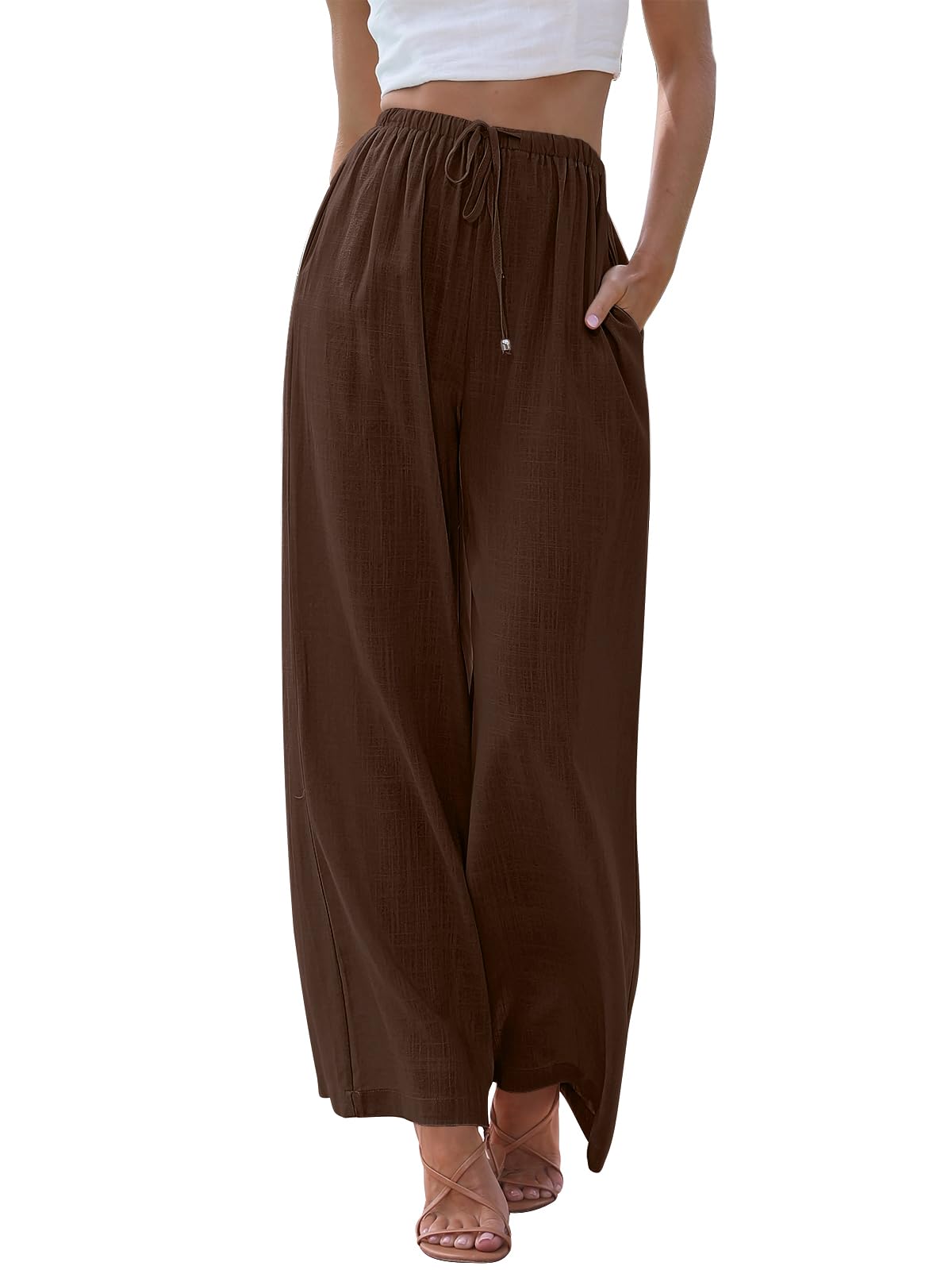 LILLUSORY Women's Linen Summer Palazzo Pants Flowy Wide Leg Beach Pants with Pockets