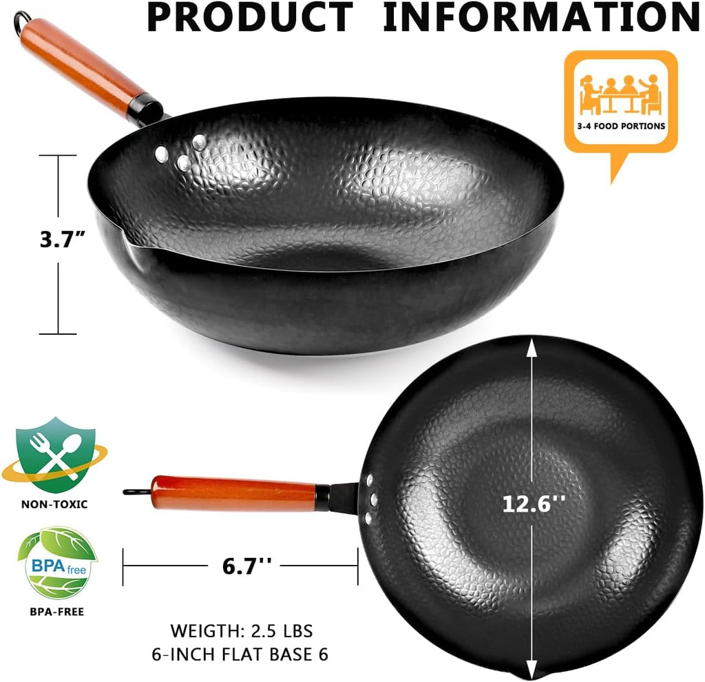 14 Piece Carbon Steel Wok Pan, Woks & Stir-Fry Pans Set with Wooden Lid Cookwares, No Chemical Coated Flat Bottom Chinese Pan for Induction, Electric, Gas, Halogen All Stoves - 12.6''