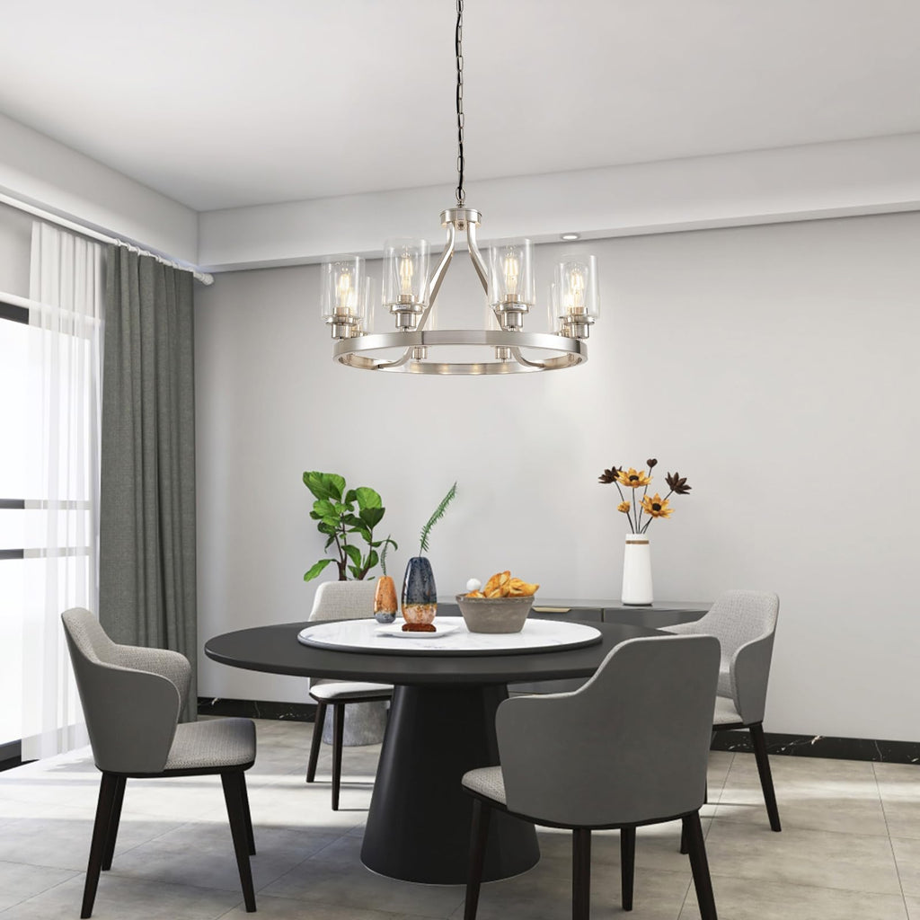 Lanhall 6-Light Modern Dining Room Light Fixture Brushed Nickel Kitchen Chandelier Ceiling Hanging Pendant Lighting with Glass Shade for Living Room Bedroom Entryway Adjustable Height Metal E26