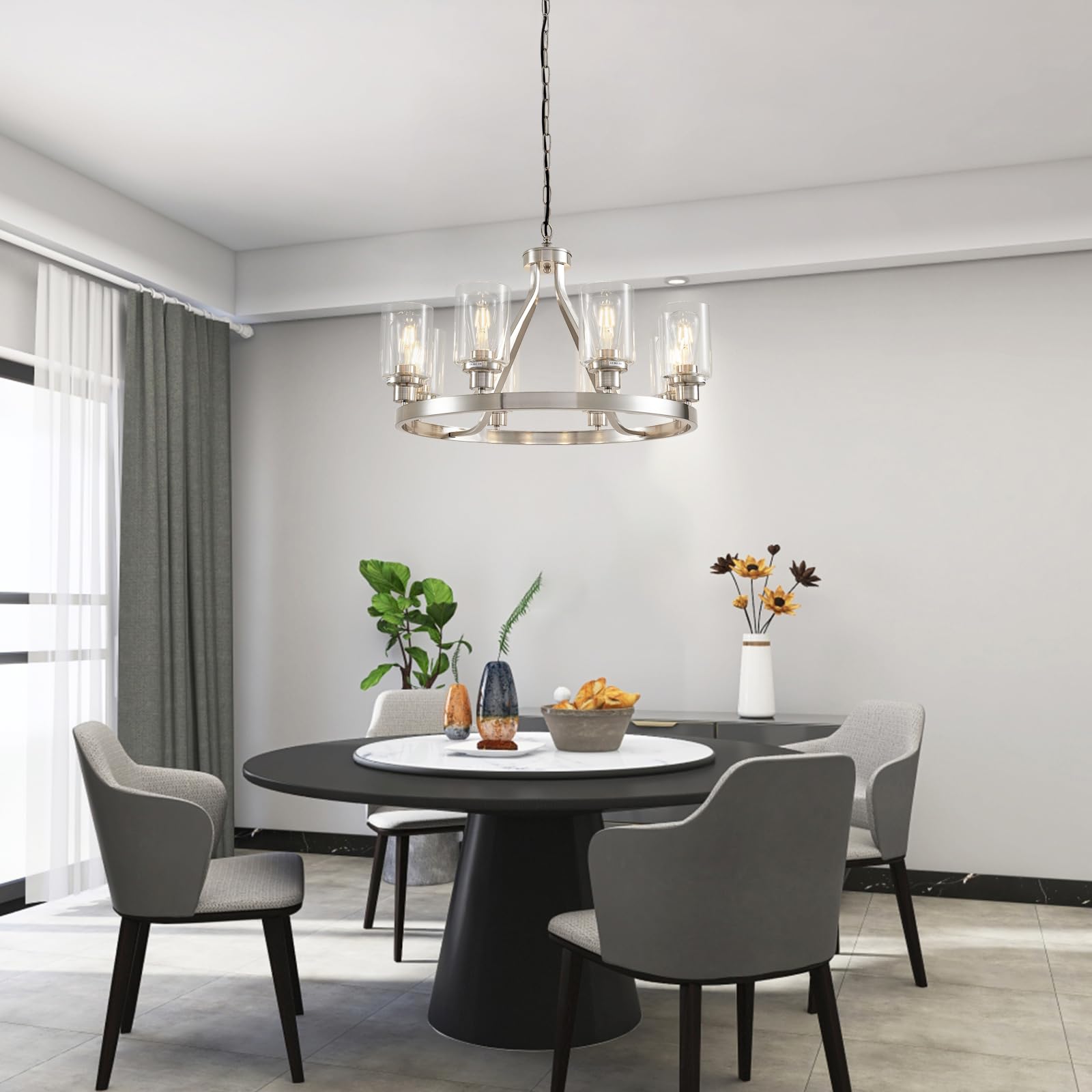 Lanhall 6-Light Modern Dining Room Light Fixture Brushed Nickel Kitchen Chandelier Ceiling Hanging Pendant Lighting with Glass Shade for Living Room Bedroom Entryway Adjustable Height Metal E26