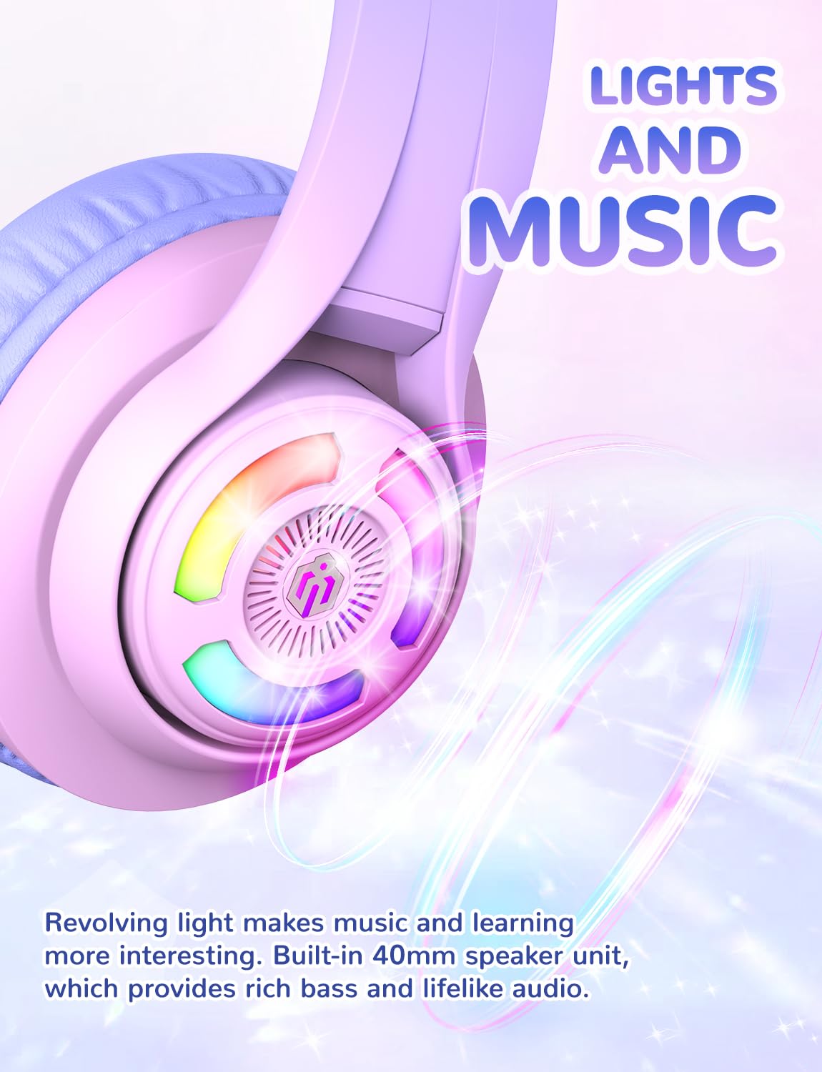 iClever Cat Ear Kids Bluetooth Headphones, LED Lights Up, 74/85dBA Safe Volume Limited, 50H Playtime,Bluetooth 5.2, USB C,Kids Headphones Wireless Over Ear for Travel iPad Tablet, Meow Macaron-Purple