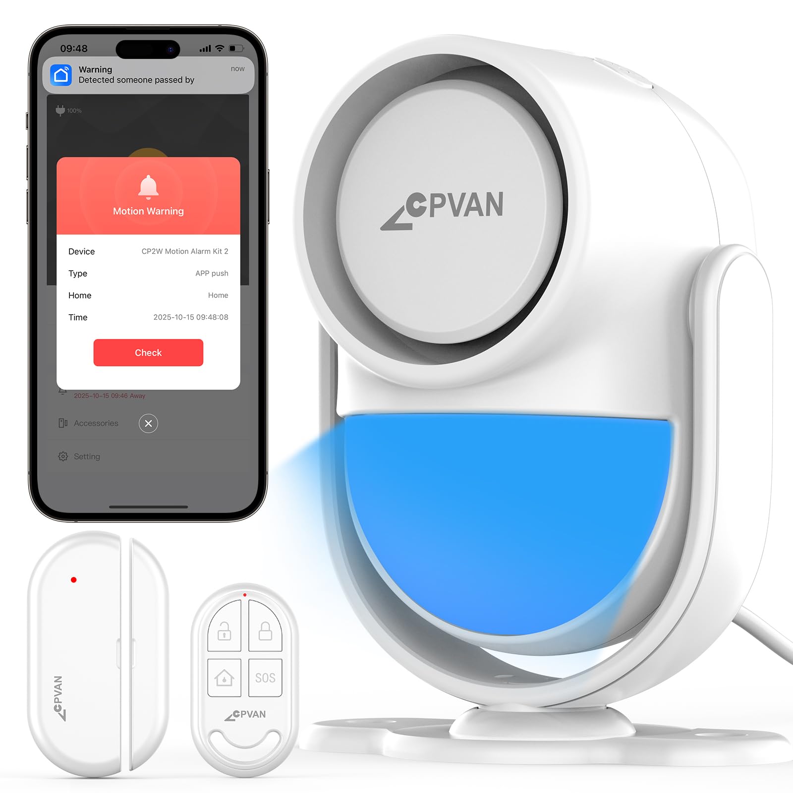 CPVAN WiFi Motion Sensor Alarm, 125dB Smart PIR Motion Detector with Phone App Alerts, Wireless Indoor Home Security Alarm System with Remote, 2.4GHz WiFi, Black