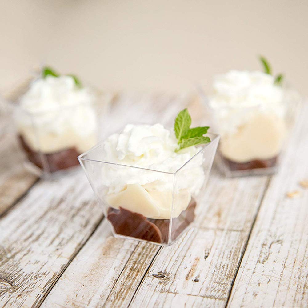 supernal 2oz Square Plastic Mini Dessert Cups with Gold Spoons,Parfait Appetizer Cup,100pcs Cups,100pcs Gold Spoons,Perfect for Birthday,Party,Wedding