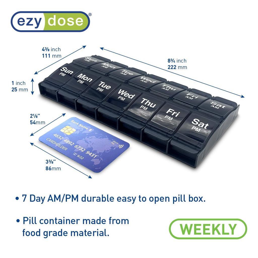 EZY DOSE Push Button (7-Day) Pill Case, Medicine Planner, Vitamin Organizer, 2 Times a Day, AM/PM Container, X-Large Compartments, Arthritis Friendly, Easy to Use, Transparent Lids, Black, BPA Free