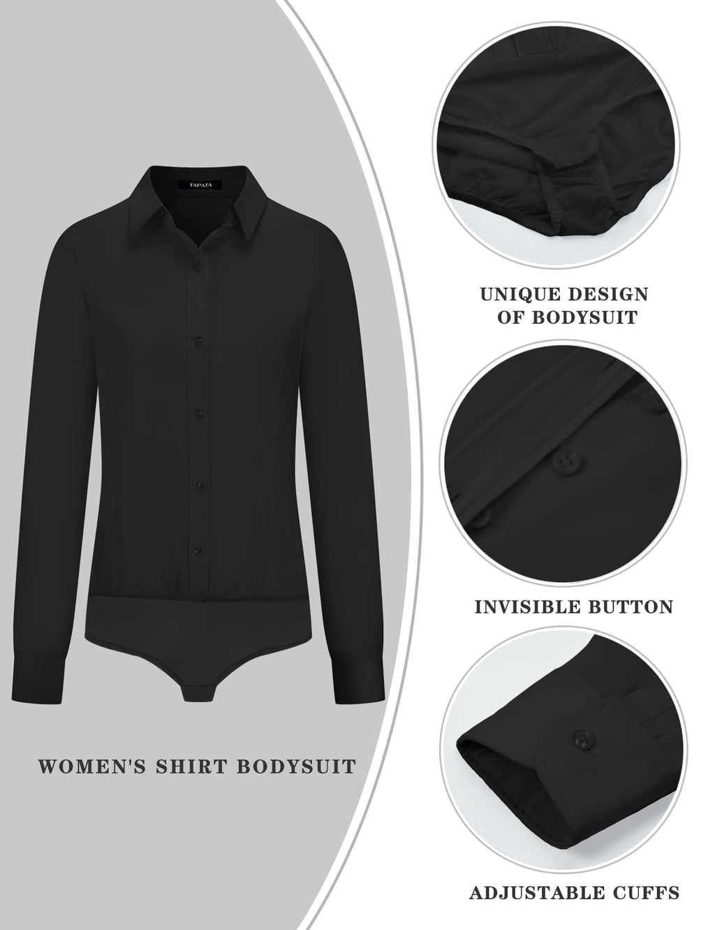 Tapata Womens Bodysuit Blouse Button Down One-Piece Long Sleeve Solid Office Work Shirt Casual Tops