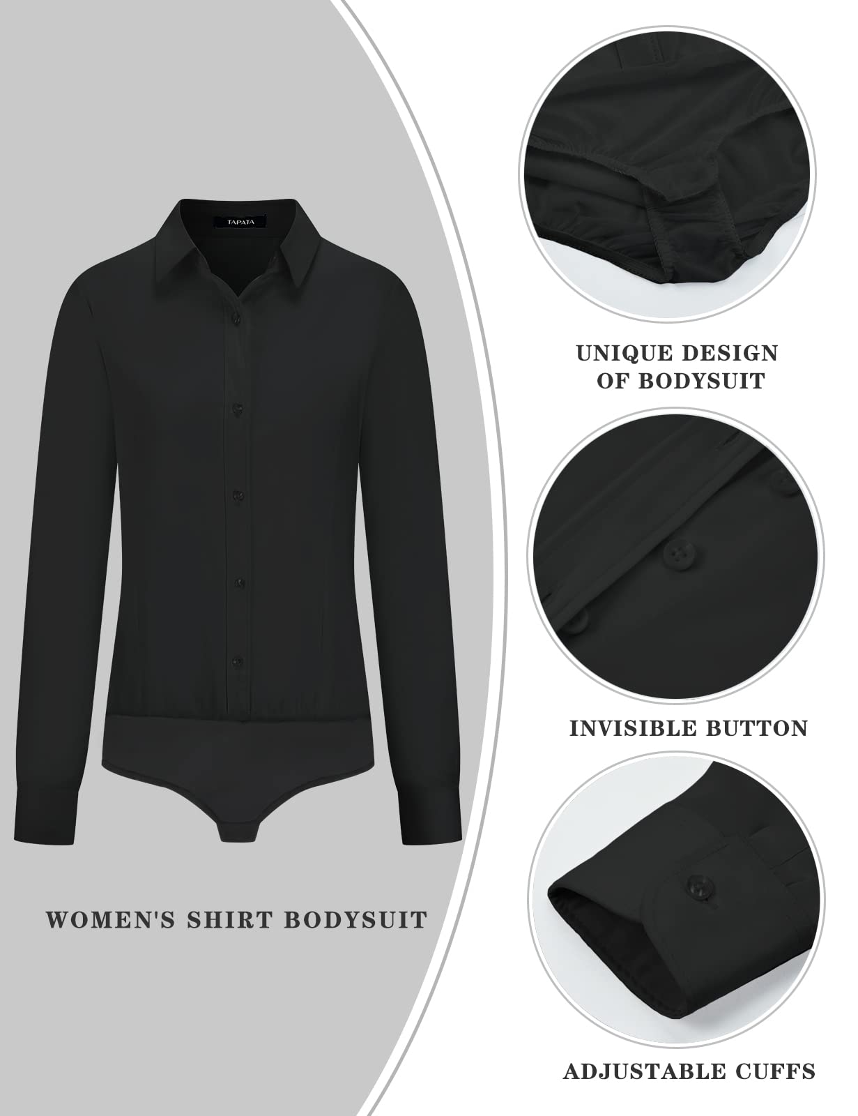 Tapata Womens Bodysuit Blouse Button Down One-Piece Long Sleeve Solid Office Work Shirt Casual Tops