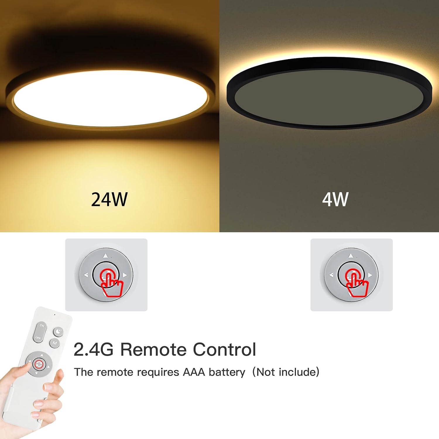 Roomratv Black Ceiling Light Fixture with Remote Control, with 3000K Warm Nightlight, 12inch 24W Flush Mount Ceiling Light, 3 Light Color Changeable, Brightness(10% to 100%) Adjustable