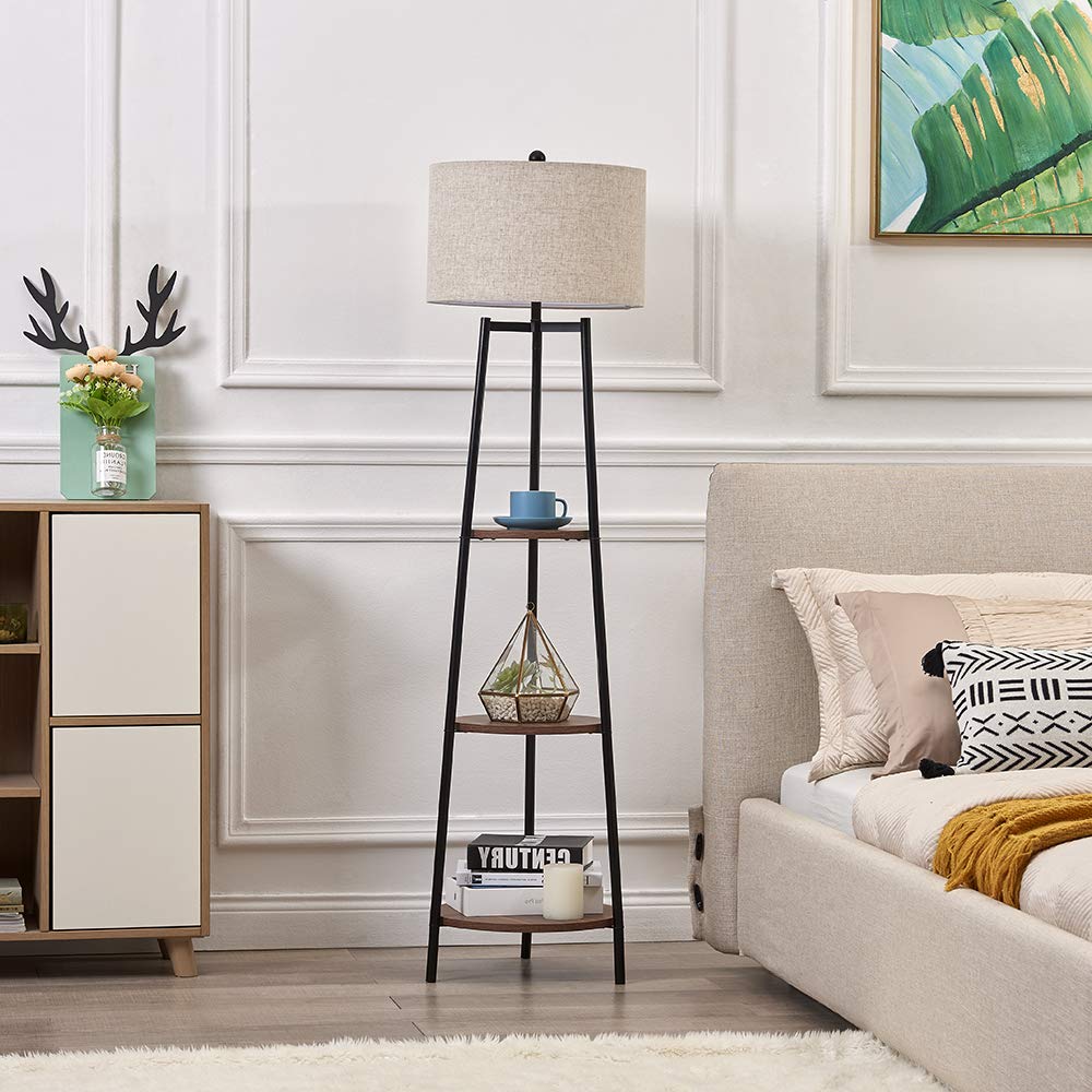 ROSEN GARDEN Floor Lamp, Standing Reading Light with Shelves and Fabric Shade, Modern Tall Pole Lamp, Accent Furniture Décor Lighting for Living Room, Bedrooms (Gold, 4-Tier)