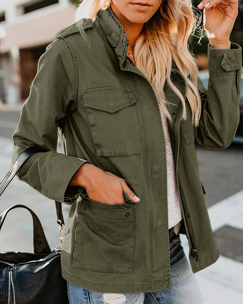 Soulomelody Women Military Anorak Jackets Zip Up Snap Buttons Parka Safari Utility Coats Outwear with Pocket
