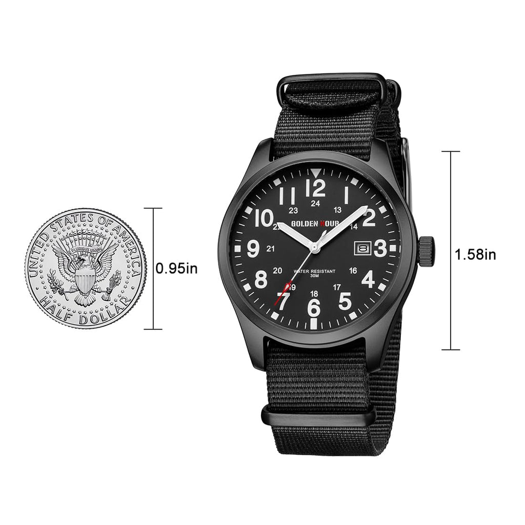 GOLDEN HOUR Men's Nylon Slip-Thru Strap Watch with Military Time Easy Read Dial Glowing Hands