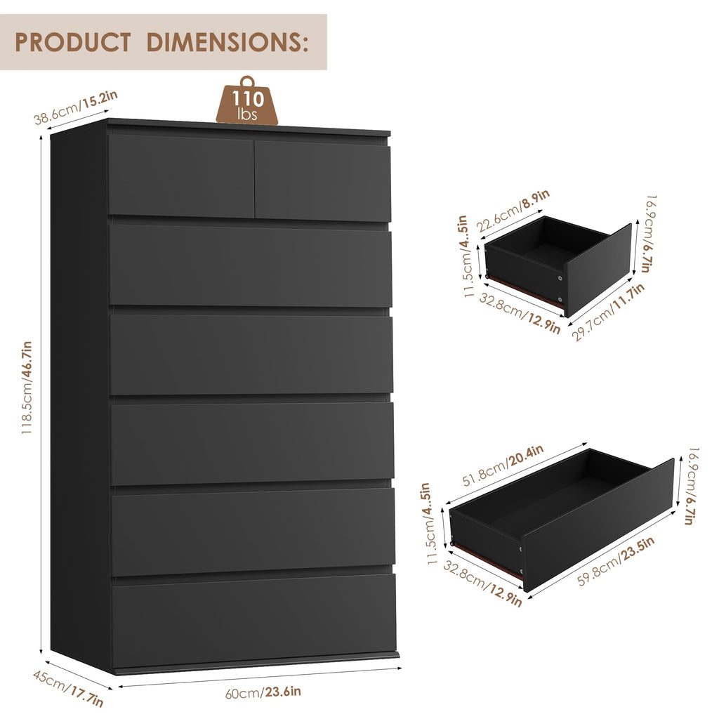 FOTOSOK 7 Drawer Dresser, Black Dresser Tall Dresser, 23.6W x 15.7D x 46.7H in Black Chest of Drawers with Large Storage Space for Home