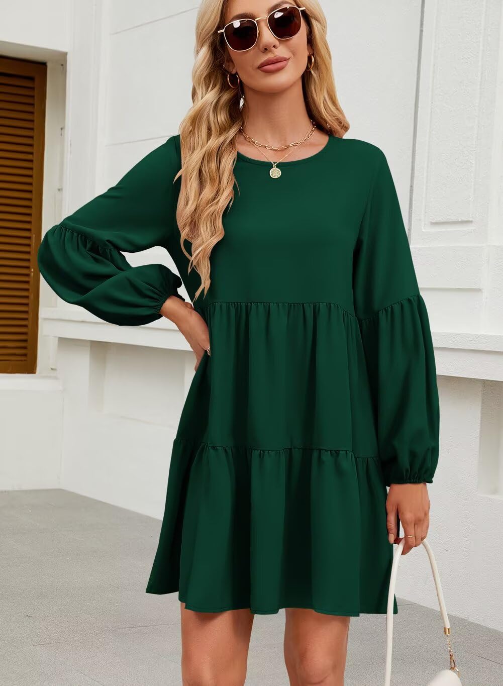 QACOHU Falll Dresses for Women 2026 Crew Neck Long Lantern Sleeve Casual Loose Flowy Swing Shift Dress