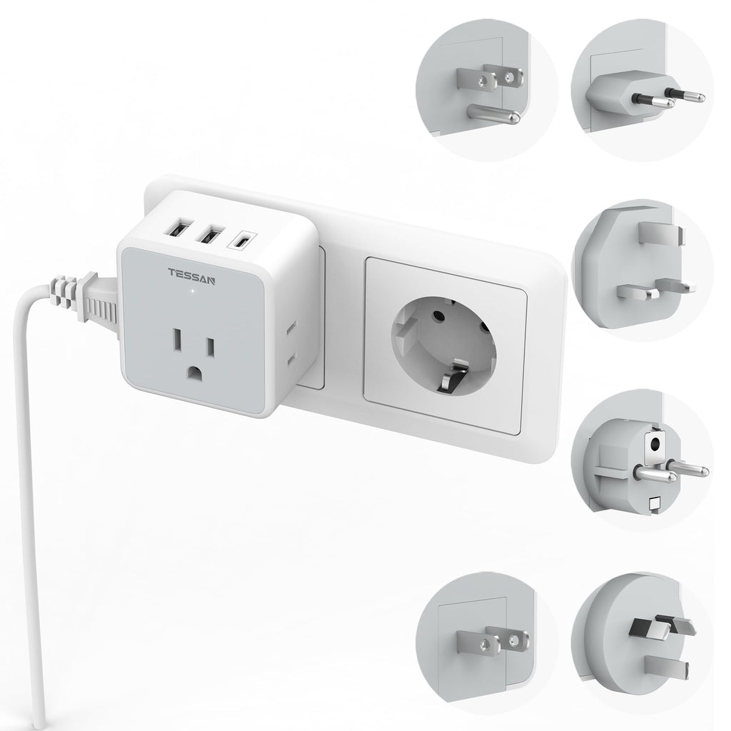 TESSAN 6-in-1 European UK Travel Plug Adapter Kit | 3 USB (1 USB C), 3 AC Outlets, Supports Type C, G, E/F, I, A, B, US to Europe UK Italy Australia Japan