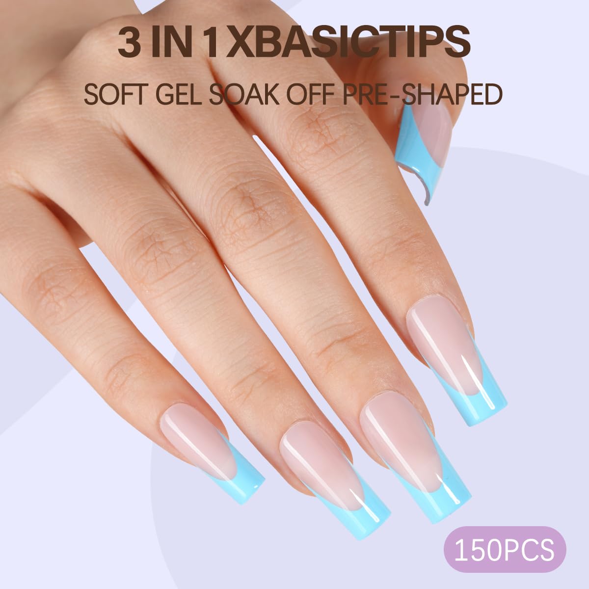 Misssix XBASICTIPS French Tip Press On Nails, 300Pcs French Gel Nail Tips Long Square, Soft Gel Pre-shaped No Need to File 3 in 1 Tips, Fake Nails for Nail Art DIY Extension Designs 15 Sizes