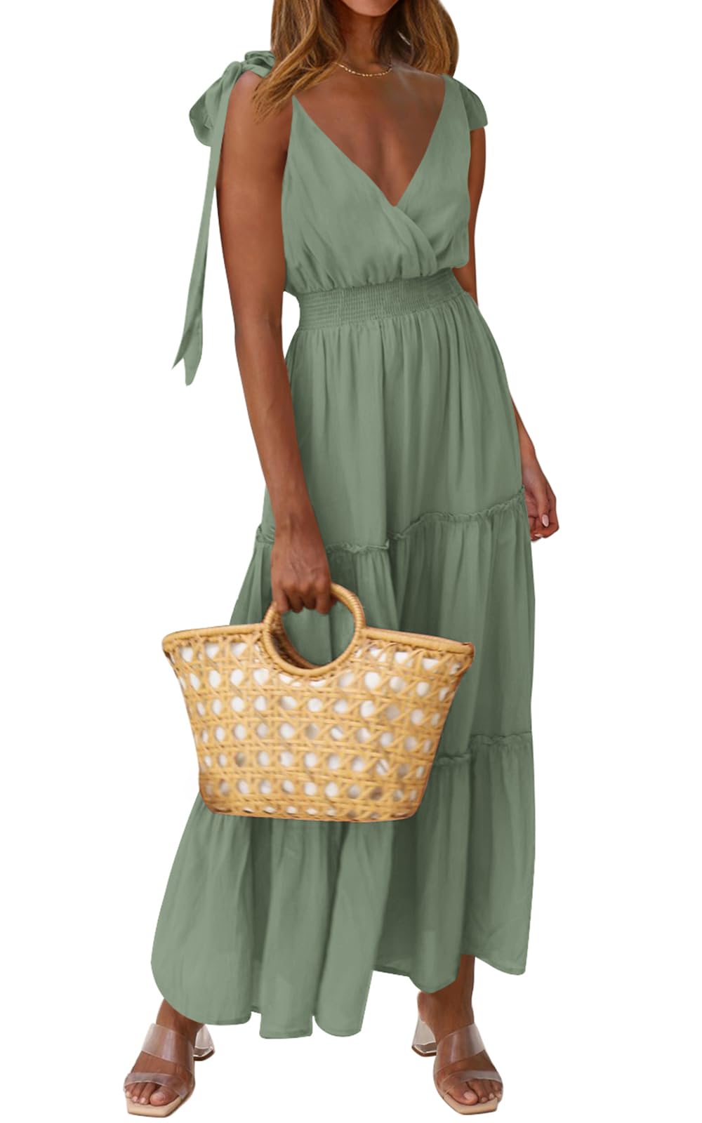 PRETTYGARDEN Women's Cross Neck Summer Sleeveless Tiered Maxi Dress Beach Tie Strap Smocked Long Dresses Pleated Sundress