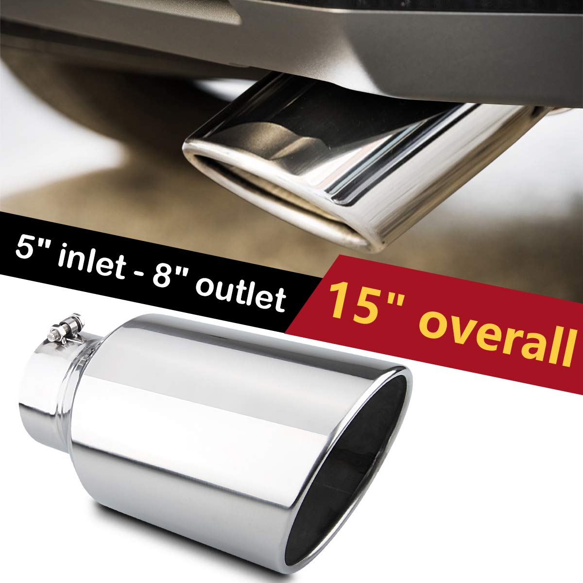 LCGP 5" Inlet Exhaust Tip, 6" Outlet 15" Long Bolt On Stainless Steel Diesel Exhaust Tailpipe Black