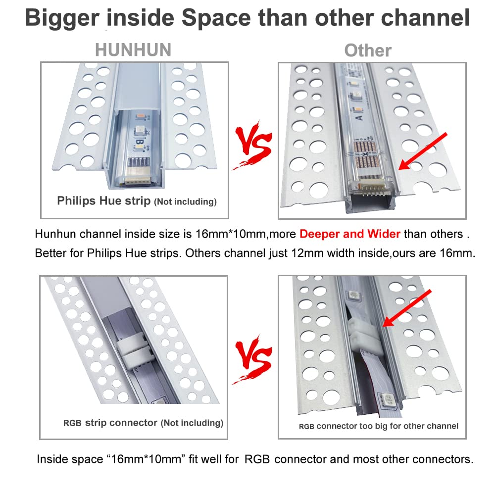 hunhun 10-Pack6.6ft/2Meter Drywall LED Aluminum Channel System with Milky Cover, End Caps and Mounting Clips, Aluminum Profile for LED Strip Light Installations (Single-Edge-6.6ft, 10)