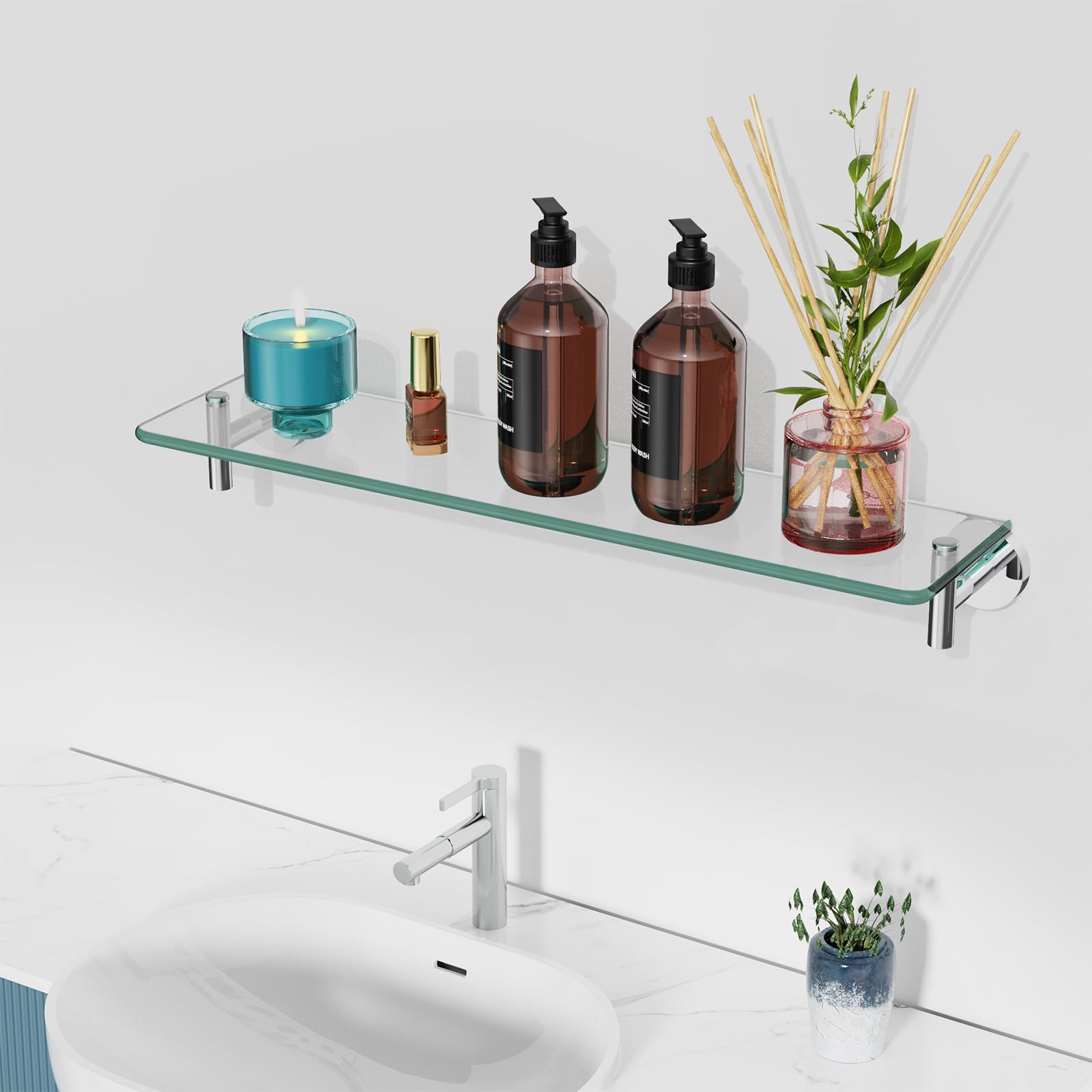 Glass Bathroom Shelves,Brushed Gold Floating Shelves for Wall Rectangular Modern Stainless Steel Glass Shelf for Bathroom Shelves wall Mounted 16 Inch