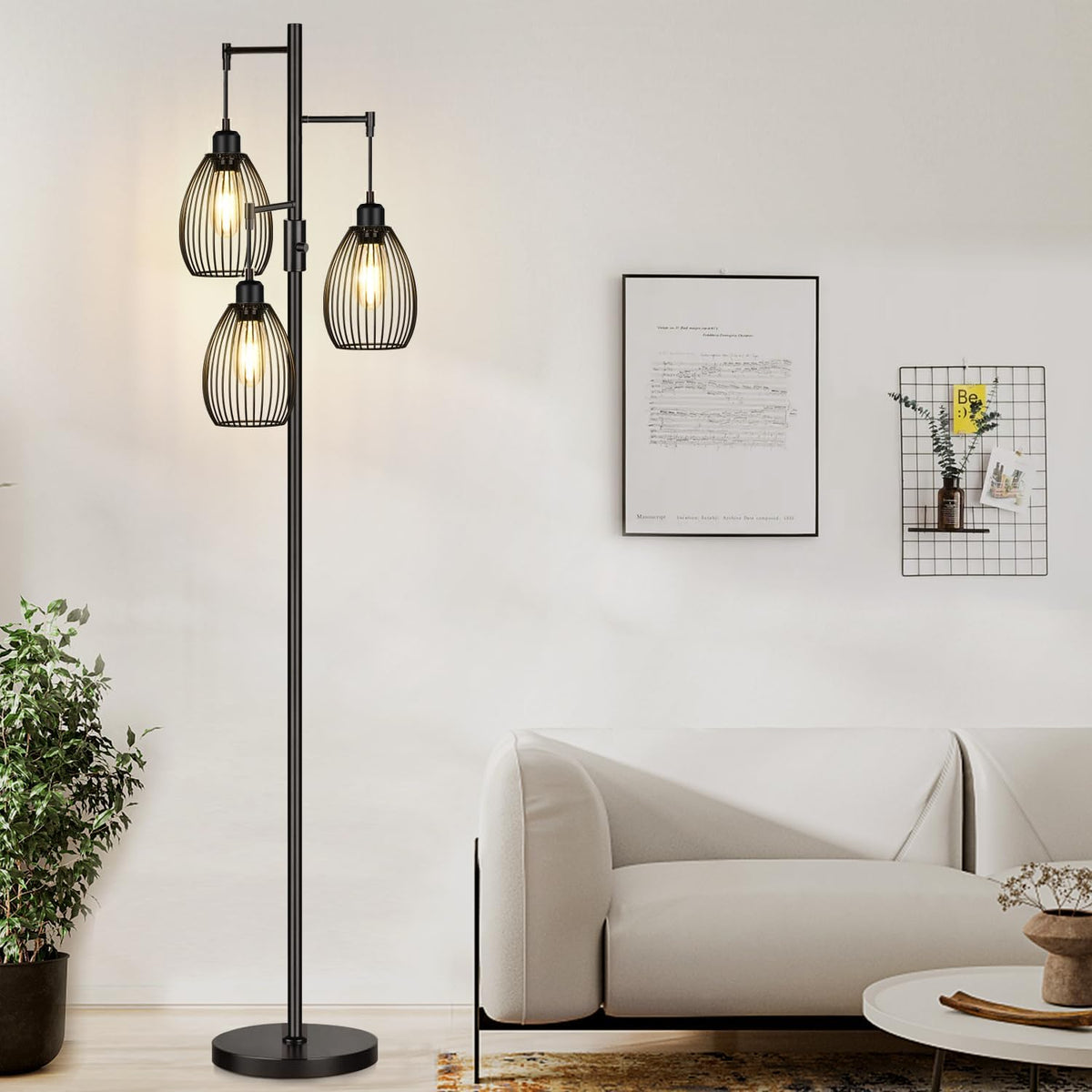 Dimmable Floor Lamp, 3 x 800LM LED Edison Bulbs Included, Farmhouse Industrial Floor Lamp Standing Tree Lamp with Elegant Teardrop Cage Tall Lamps for Living Room Bedroom Office Dining Room-Brass