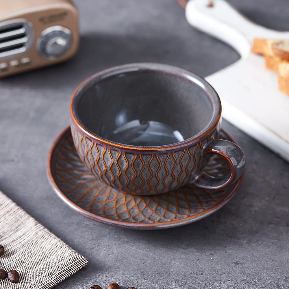 Coffeezone Vintage Design 12 oz Ceramic Latte Art Cappuccino Barista Cup with Saucer (Beige)