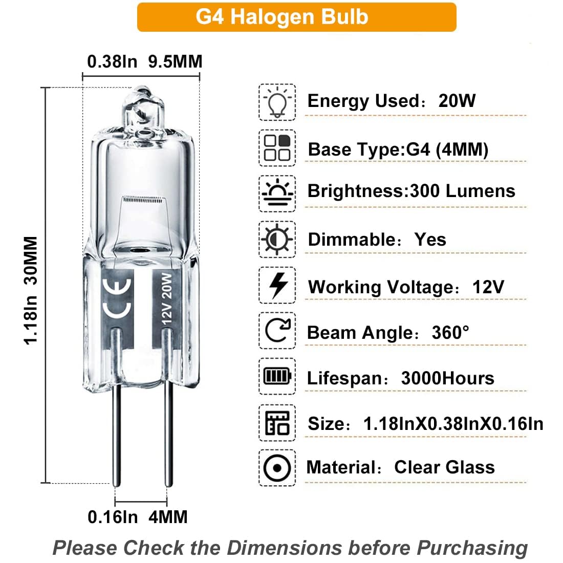 G4 Halogen Bulb, 10 Pack 12V 10W Bi-pin Base, High Output 150LM 3000Hrs Long Lifetime, Dimmable, CRI100 & 2800K Warm White, for Cabinet Light Bulbs