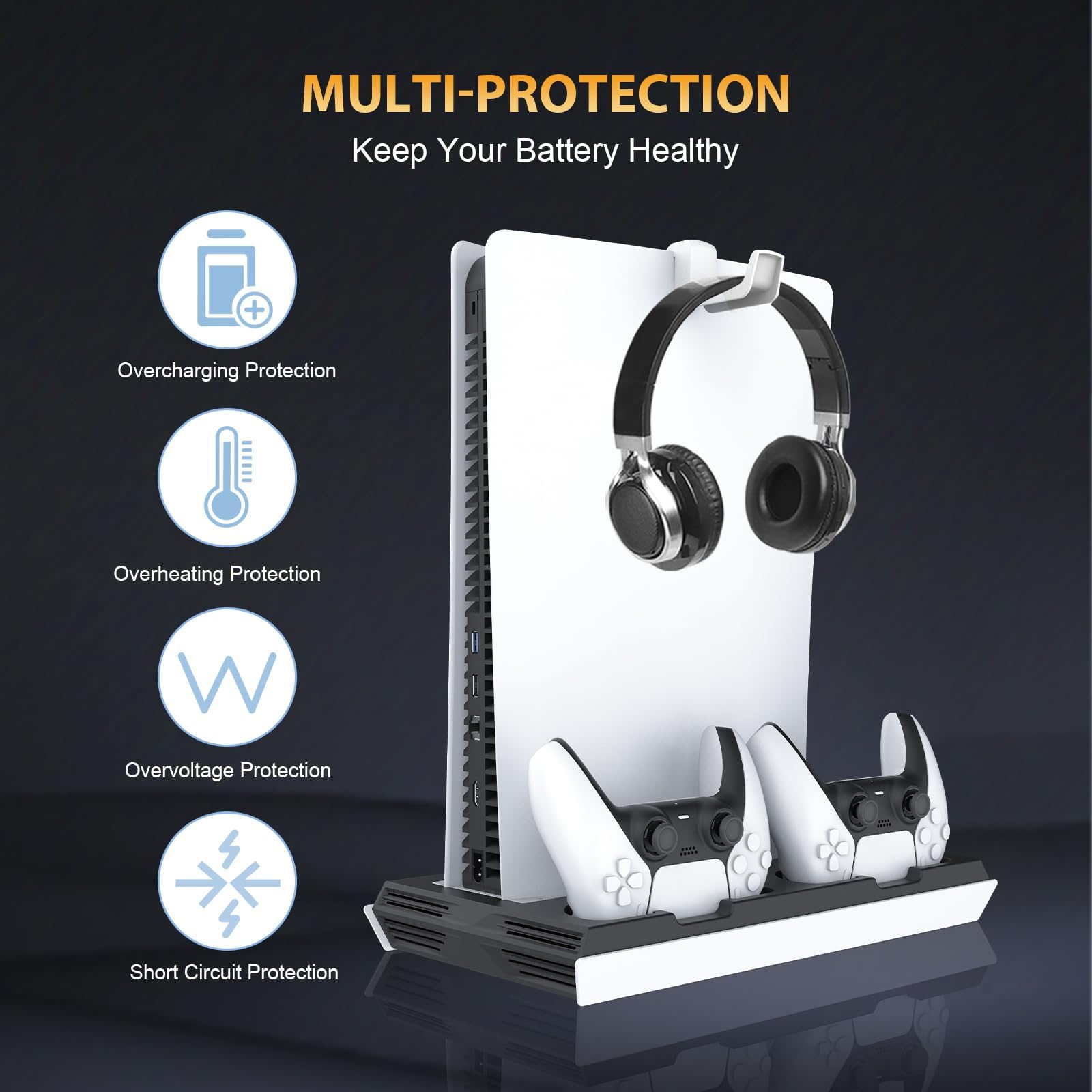 PS5 / PS5 Slim Cooling Station with Dual Controller Charging Station, PS 5 Cooling Stand for PlayStation 5 Console, Headset Holder/ PS 5 Cooling Fan/4 USB Hub All in One Accessories Organizer, Black