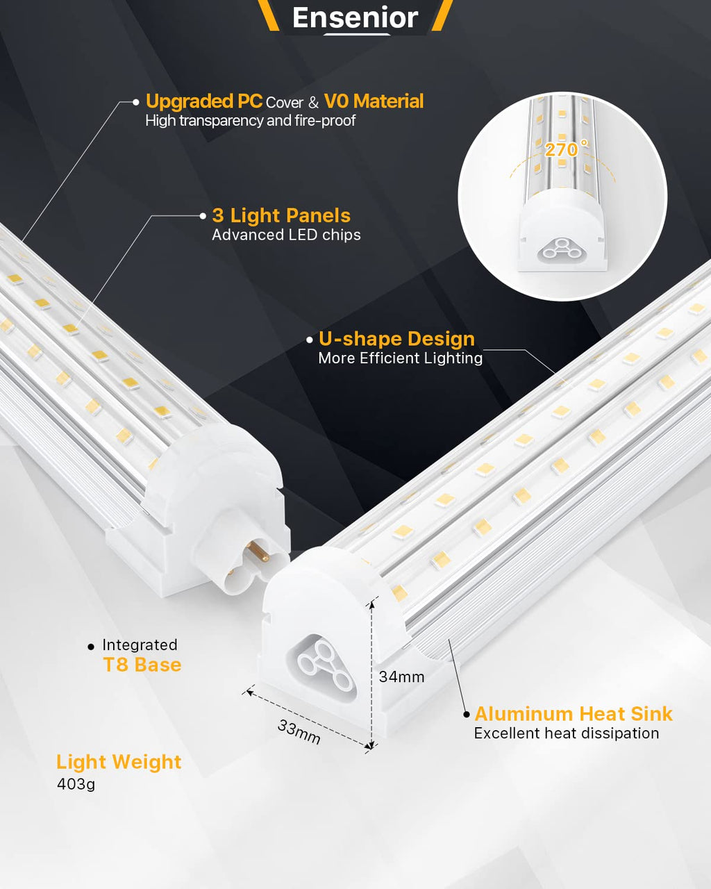 Ensenior 4FT LED Shop Lights - 5000LM 6000K Ultra Bright Daylight, T8 Commercial Bay Lighting, LED Lights for Garage/Shop/Basement, 36W (139 LM/W), Linkable, Plug & Play, ETL & FCC Certified, 4 Pack