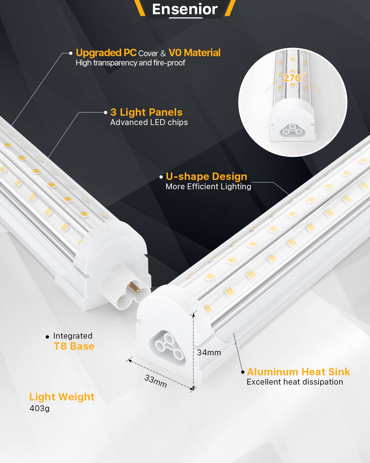 Ensenior 4FT LED Shop Lights - 5000LM 6000K Ultra Bright Daylight, T8 Commercial Bay Lighting, LED Lights for Garage/Shop/Basement, 36W (139 LM/W), Linkable, Plug & Play, ETL & FCC Certified, 4 Pack