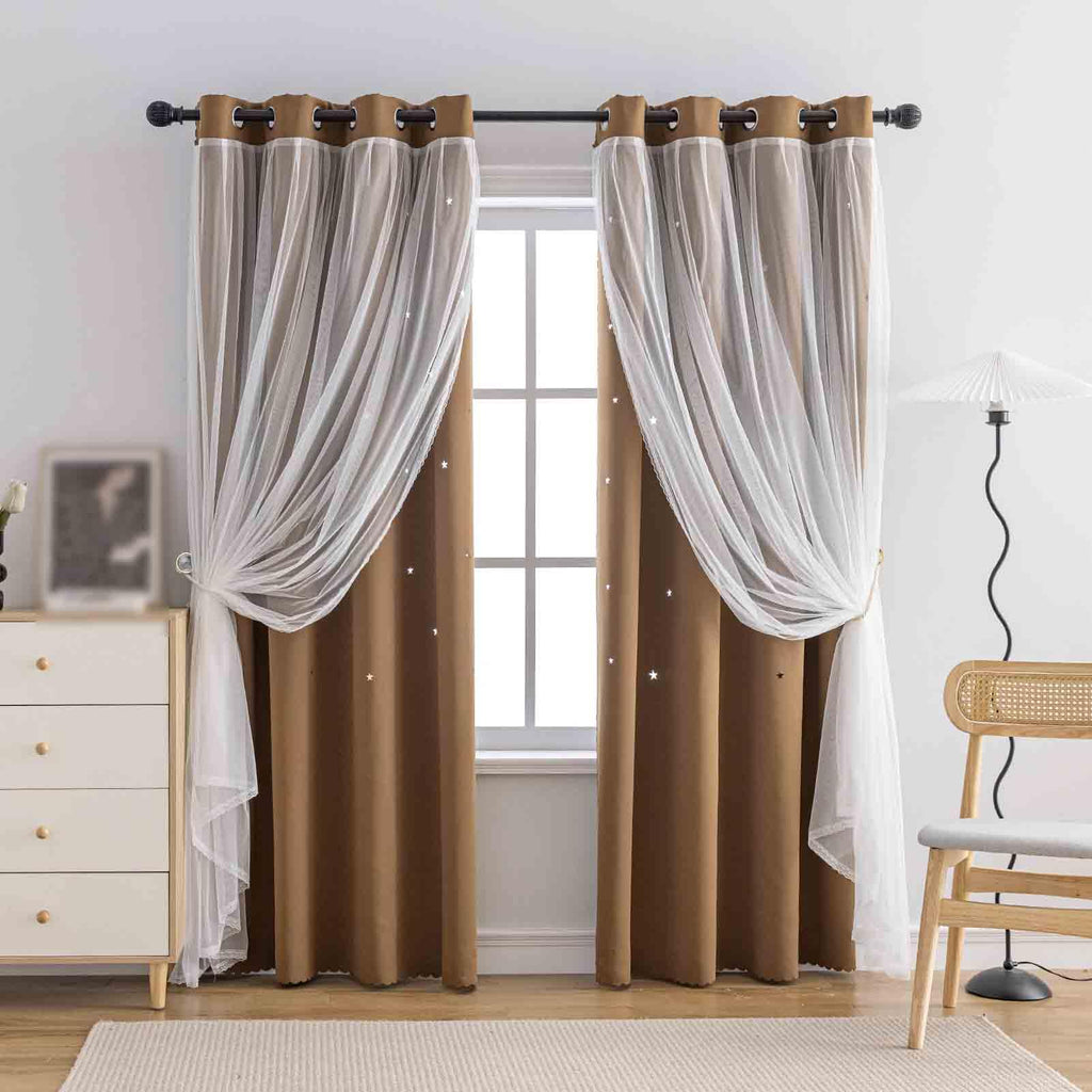 Anytime Star Cut-Out Blackout Curtains for Bedroom 2 Panels,2-Layers Mix Design of Fabric & Tulle,Pretty Pure Color Window Curtain for Kids Room(W35 x L45,LPink)