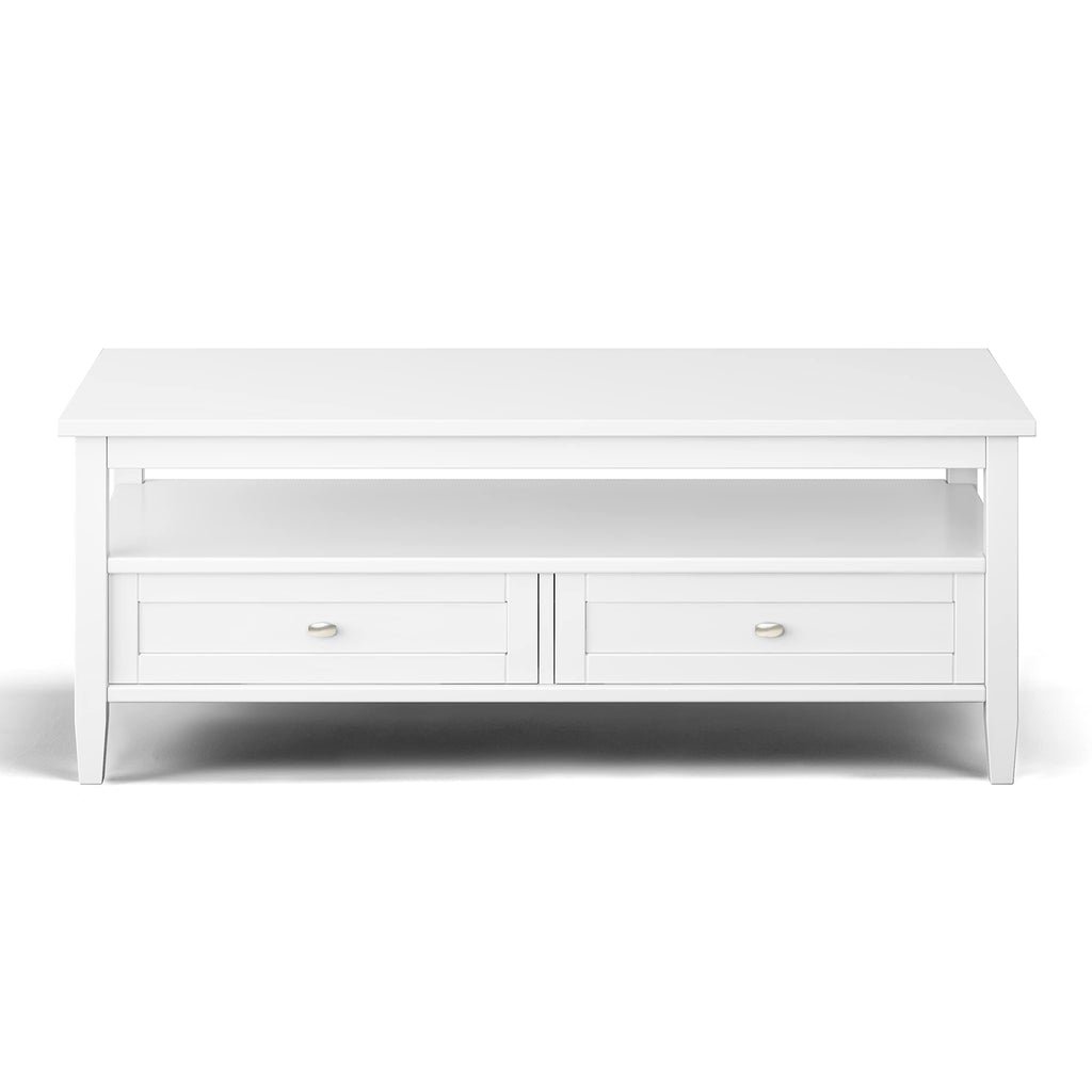 SIMPLIHOME Warm Shaker Coffee Table - 48 inch Wide Solid Wood Coffee Table in Black, Transitional Living Room Table with 2 Drawers, Open Shelf, Shaker Fronts and Tapered Legs