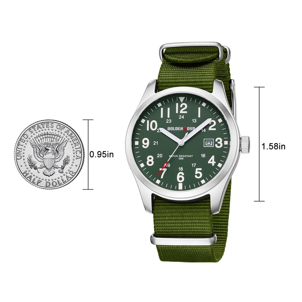 GOLDEN HOUR Men's Nylon Slip-Thru Strap Watch with Military Time Easy Read Dial Glowing Hands