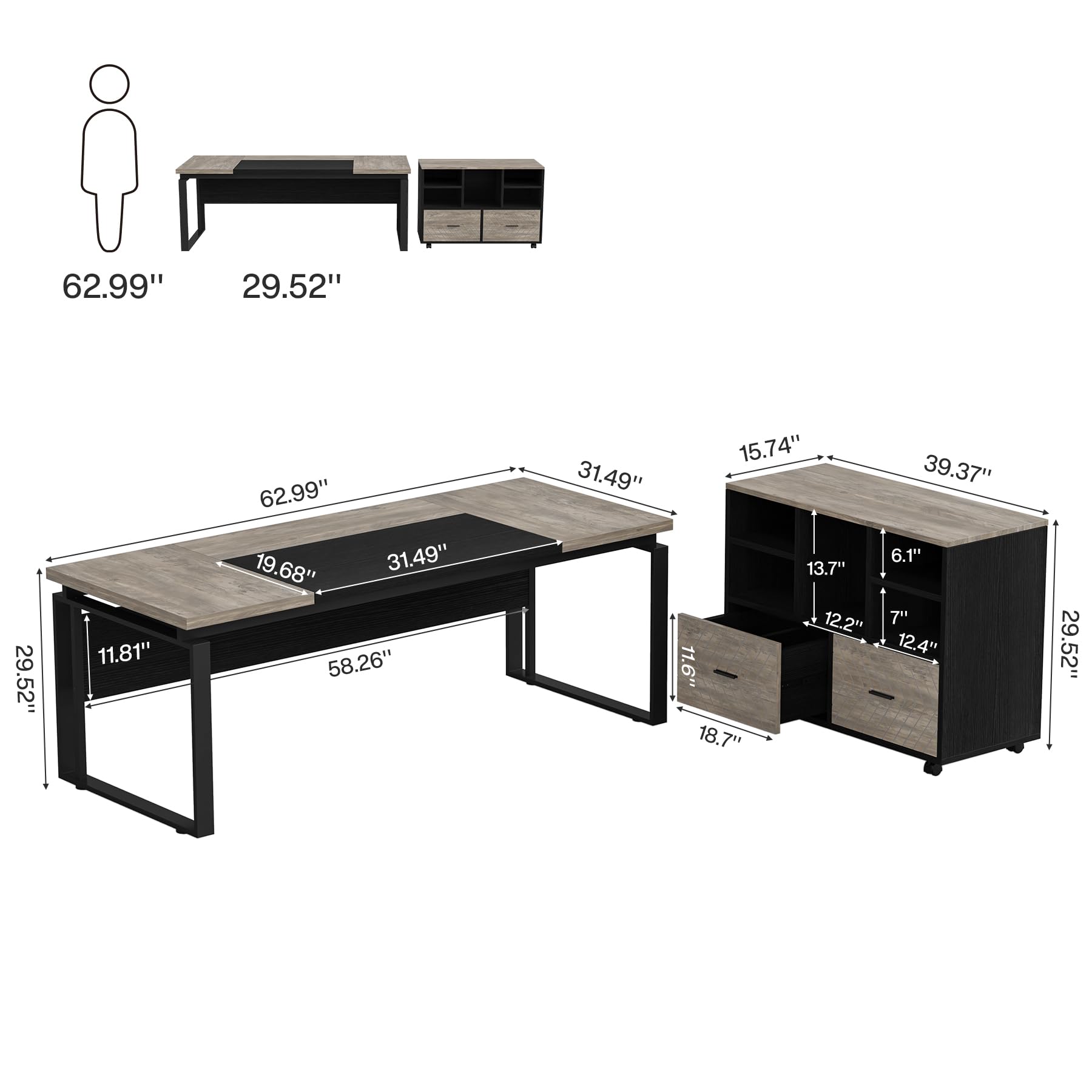 Tribesigns L-Shaped Executive Desk with Reversible File Cabinet, 63" Office Desk with Storage Drawers, L-Shaped Computer Desk with Drawer Cabinet for Hanging Letter Size Files (Gray & Black)