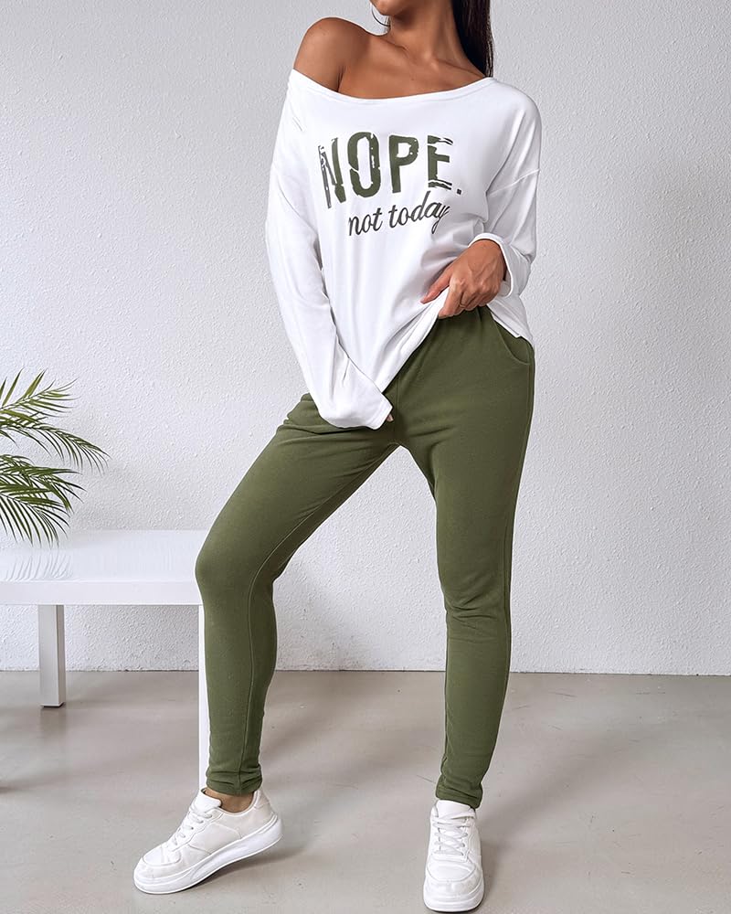 CHICME Women Tracksuit Fall 2 piece Outfits Off The Shoulder Long Sleeve Tops and Pants Set Travel Outfits
