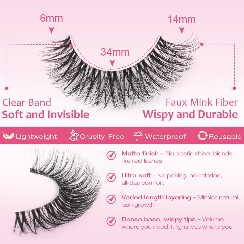 False Lashes Natural Look Wispy Eyelashes Manga Korean Spiky 16mm Short Faux Mink Eyelashes Cat Eye Natural Fake Eyelashes Strip Lashes Pack 14 Pairs