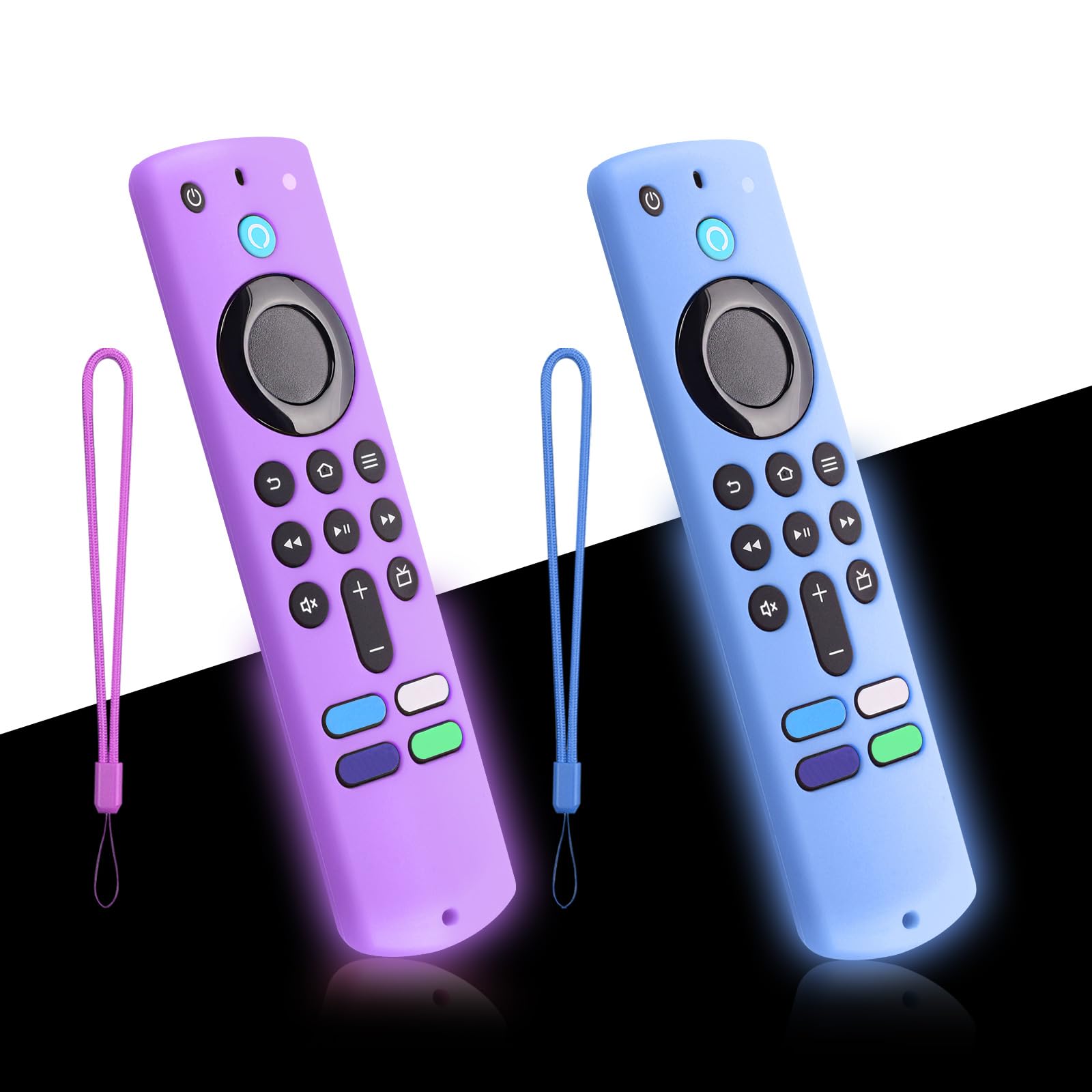 2-Pack Glowing Remote Cover, Silicone Protective Case with Lanyard, Glow Blue and Glow Purple, Compatible with Smart TV Remote Controller