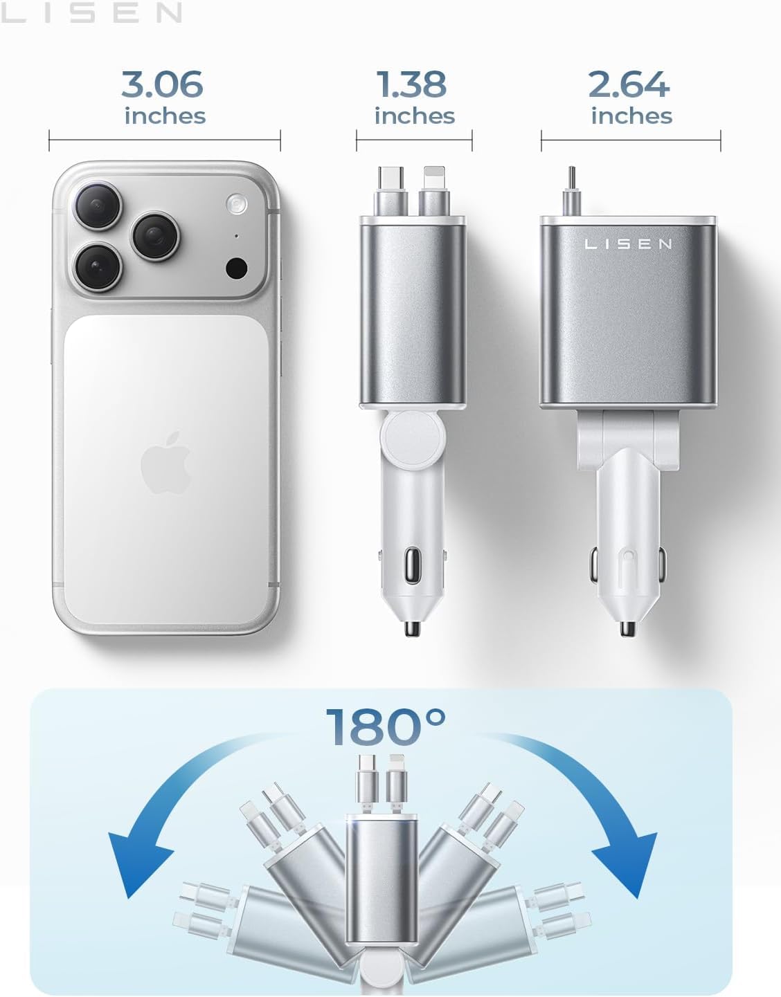 LISEN Retractable Car Charger, 84W Car Charger USB C Fast Charger Adapter for iPhone, Car Accessories for Men Women, Birthday Gifts for Fathers Day for Men Dad Husband, for iPhone 17 16 15 14 13 12 11