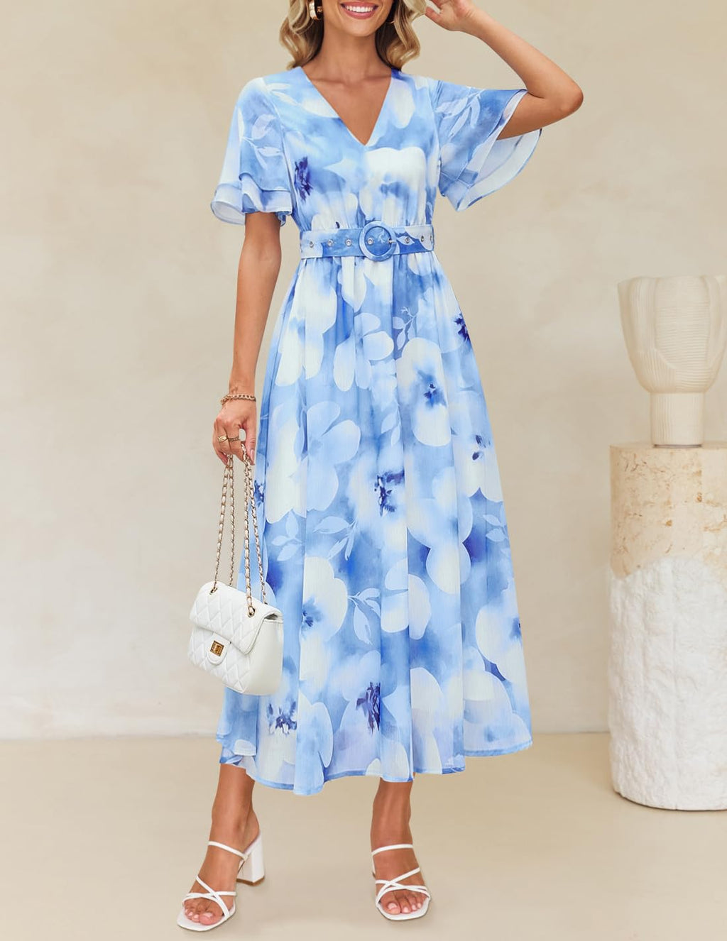 ZESICA Women's 2026 Summer Floral V Neck Midi Dress Boho Short Sleeve High Waist Flowy Beach Vacation Dresses with Belt