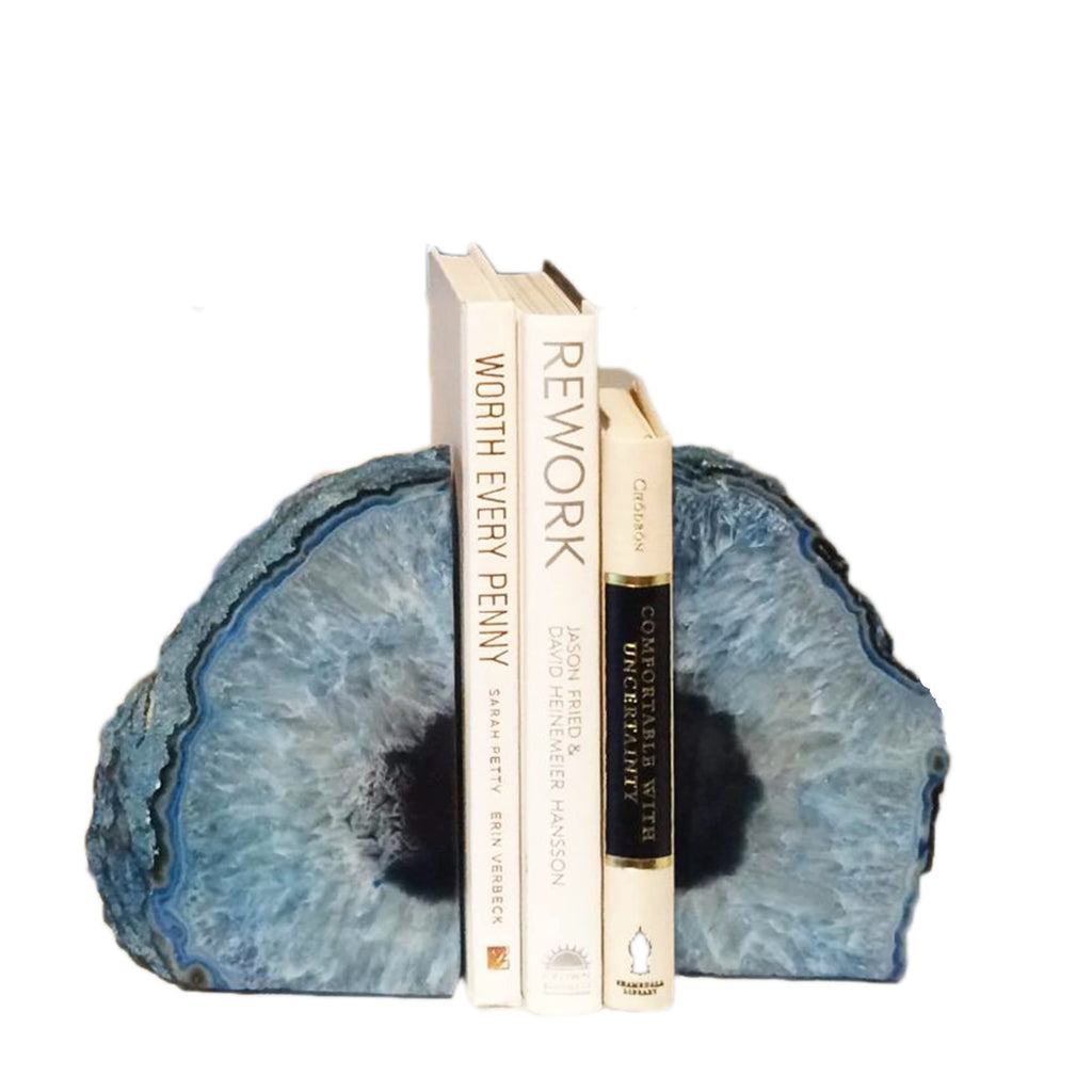JIC Gem Black Agate Geode Bookends 2-3 Lbs Anti-Slip Rubber Pads Heavy Duty | 1Pair Natural Black Agate Crystal Decor for Shelves & Desk, Unique Small Stone Book Holder Gift for Office & Home Decoration