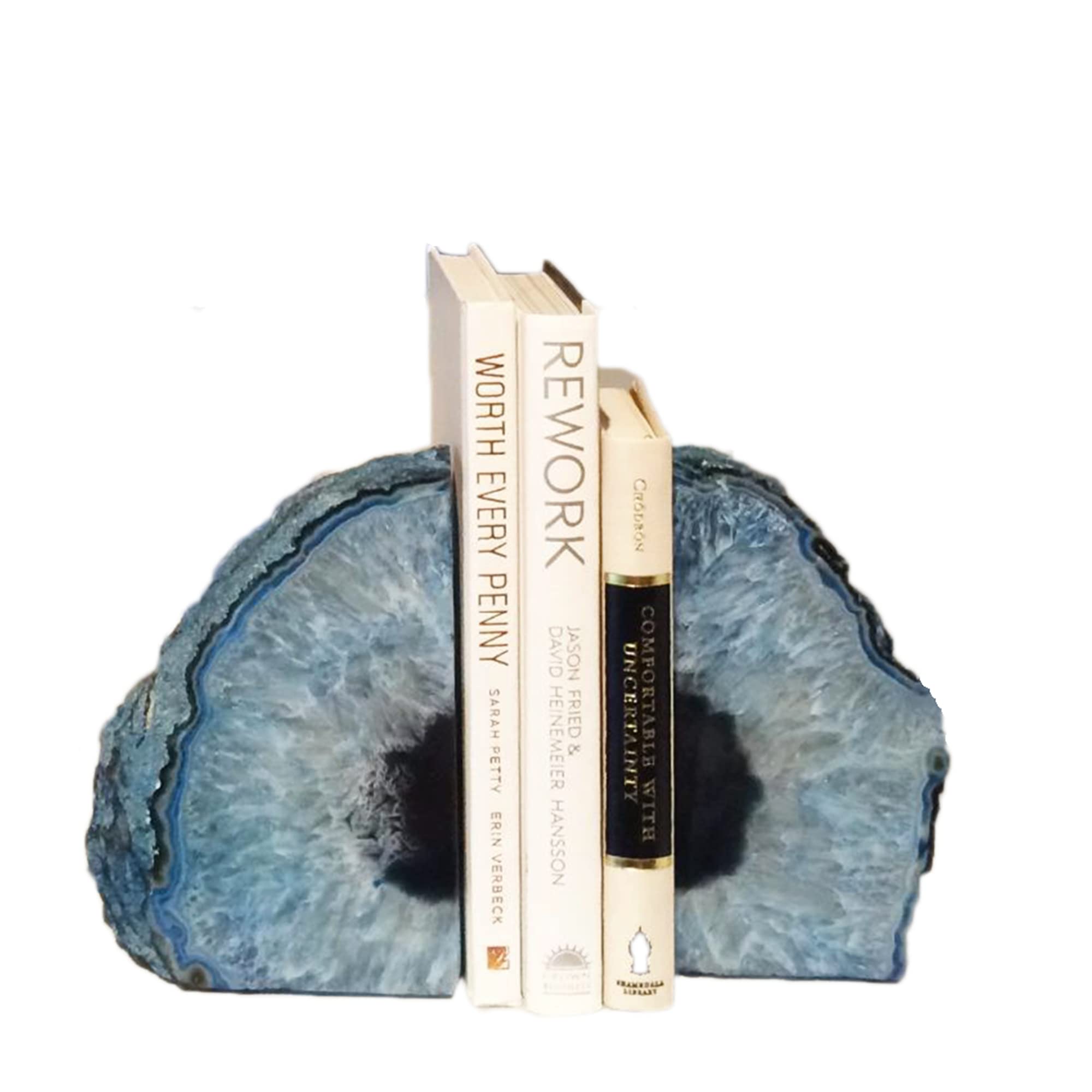 JIC Gem Black Agate Geode Bookends 2-3 Lbs Anti-Slip Rubber Pads Heavy Duty | 1Pair Natural Black Agate Crystal Decor for Shelves & Desk, Unique Small Stone Book Holder Gift for Office & Home Decoration