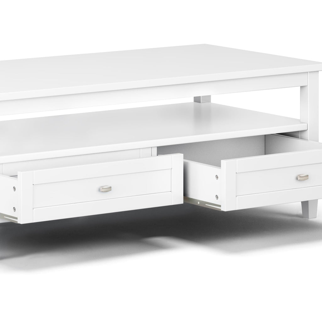 SIMPLIHOME Warm Shaker Coffee Table - 48 inch Wide Solid Wood Coffee Table in Black, Transitional Living Room Table with 2 Drawers, Open Shelf, Shaker Fronts and Tapered Legs