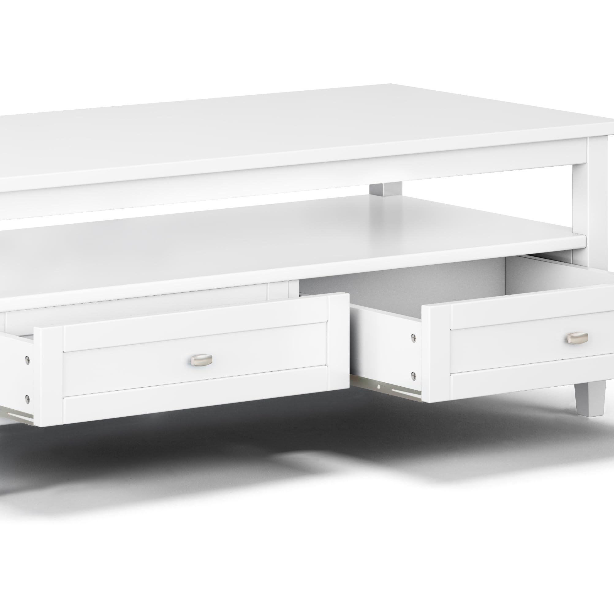 SIMPLIHOME Warm Shaker Coffee Table - 48 inch Wide Solid Wood Coffee Table in Black, Transitional Living Room Table with 2 Drawers, Open Shelf, Shaker Fronts and Tapered Legs