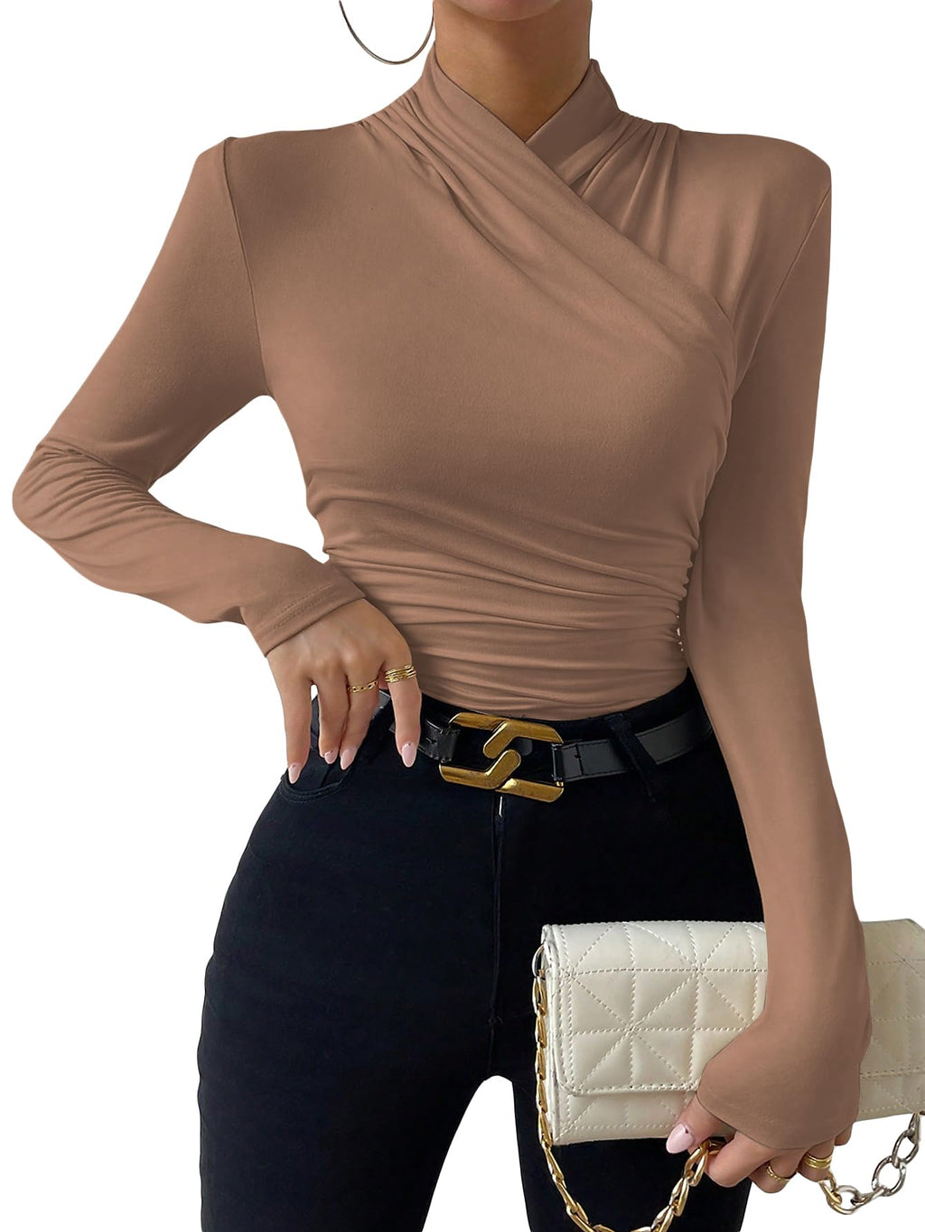 SweatyRocks Women's Ruched Mock Neck Long Sleeve T Shirt Solid Slim Fitted Tee Tops